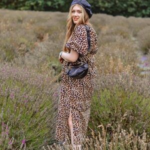 Leopard Print Puff Sleeve Midi Dress